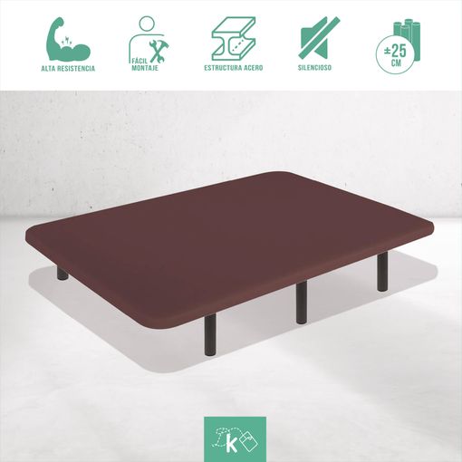 Base Tapizada Chocolate de 5cm de grosor. 135x190 cm, Tablero Aglomerado 8mm,Tejido 3D Foamizado, Transpirable, Estructura 30x30x1mm, Con 6 Patas. Todas las medidas.